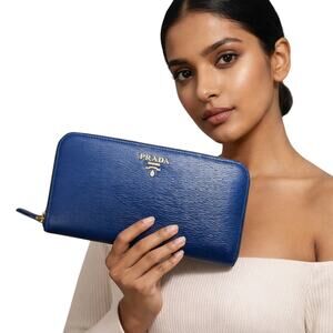Prada Blue Saffiano Leather Zip Around Wallet | Authentic w/ Card